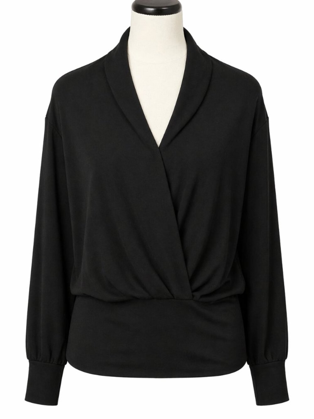 OGL Eco-Mousse Top Womens Size Medium Black Draped Surplice Long Sleeve NWT